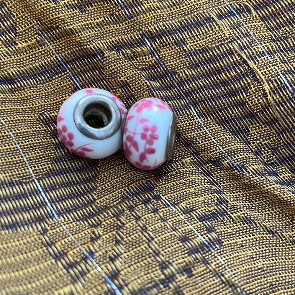 Not Pandora But Fits Pandora 2 Silvertone White & Pink Floral Ceramic Charms